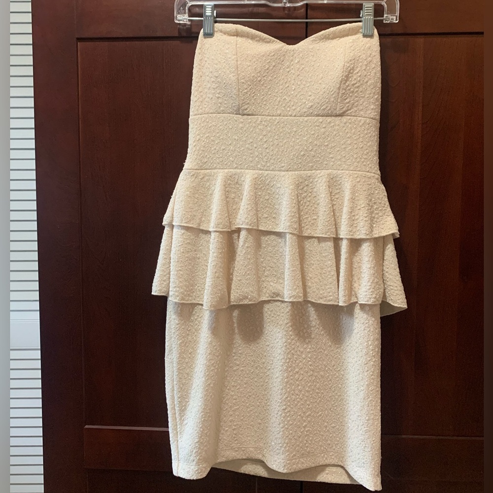 Cream Ivory Glitter Strapless Ruffle Cocktail Party Mini Dress